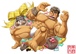 Rule 34 | 1boy, abs, alternate pectoral size, bara, blush, bulge, bunta ru, cake, chest hair, chocolate cake, dynamic pose, facial hair, feet, food, foreshortening, forked eyebrows, full body, fundoshi, happy birthday, japanese clothes, takabushi kengo, large pectorals, long sideburns, male focus, male underwear, muscular, muscular male, navel, nipples, official style, pectorals, short hair, sideburns, solo, stomach, stubble, teeth, thick eyebrows, thick thighs, thighs, tokyo houkago summoners, tongue, underwear, underwear only, white male underwear
