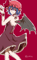 Rule 34 | 1girl, alternate costume, bad id, bad pixiv id, bat wings, blue hair, bow, cup, dress, drinking glass, fang, hat, highres, red eyes, remilia scarlet, ribbon, short hair, sketch, smile, solo, syn, touhou, wine glass, wings
