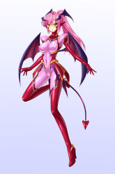 Rule 34 | 1girl, bodysuit, breasts, cameltoe, covered erect nipples, covered navel, demon horns, demon tail, demon wings, high heels, horns, large breasts, long hair, md5 mismatch, original, pink hair, pointy ears, ponytail, shiny clothes, slit pupils, solo, tail, utamaru (utamaru143), wings, yellow eyes