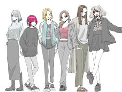 Rule 34 | 6+girls, black shirt, blue eyes, blue jacket, boots, breasts, brown eyes, brown hair, chin piercing, cleavage, commentary request, earrings, full body, gradient hair, green eyes, grey jacket, hair over one eye, hand in pocket, hand on own hip, highres, jacket, jewelry, jirai kei, long hair, long sleeves, medium breasts, medium hair, midriff peek, multicolored hair, multiple girls, neck ribbon, open clothes, open mouth, open shirt, original, pants, partially colored, purple eyes, purple hair, red eyes, red shirt, ribbon, sakashima 0822, shirt, short hair, simple background, skirt, sweater, turtleneck, turtleneck sweater, two side up, white background, wolf cut