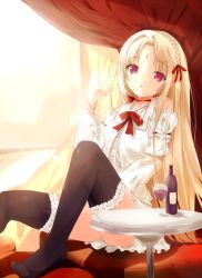 Rule 34 | 1girl, alcohol, bare shoulders, black thighhighs, blonde hair, bottle, bow, bowtie, braid, cup, dress, drinking glass, frilled dress, frills, glass, hair ribbon, long hair, okino ryuuto, original, red eyes, ribbon, sitting, solo, table, thighhighs, wine, wine glass