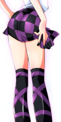 Rule 34 | 1girl, ass, ayumi tooru, checkered clothes, checkered skirt, close-up, female focus, from behind, head out of frame, highres, himekaidou hatate, legs, long image, lower body, skirt, solo, standing, tall image, thighhighs, touhou, waist down, white background