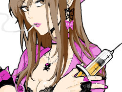 Rule 34 | 00s, 1girl, black nails, breasts, brown eyes, brown hair, bug, butterfly, choker, cigarette, cleavage, collarbone, earrings, fingerless gloves, gloves, half-closed eyes, headress, bug, kuuchuu buranko, lipstick, long hair, looking at viewer, mayumi (trapeze), nail polish, necklace, nurse, parted lips, pink lips, pink nails, ribbon, simple background, smoke, smoking, solo, togetsuhou, upper body, white background