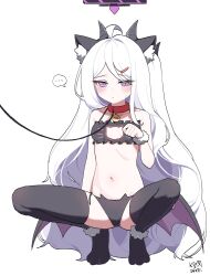 Rule 34 | ..., animal ears, bare shoulders, black panties, blue archive, cat ears, cat hair ornament, closed mouth, collar, hair ornament, hairclip, halo, highres, hina (blue archive), horns, long hair, myeolchi, navel, panties, ponytail, purple eyes, rope, shy, spoken ellipsis, spread legs, thighhighs, underwear, white background, white hair, wings