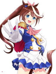 Rule 34 | 1girl, absurdres, animal ears, ascot, asymmetrical gloves, black gloves, blue eyes, brown hair, commentary, cowboy shot, epaulettes, gloves, hair ribbon, hand on own hip, high ponytail, highres, horse ears, horse girl, horse tail, jacket, long hair, long sleeves, looking at viewer, miniskirt, mismatched gloves, multicolored hair, nao suke, open mouth, pink ascot, pink ribbon, pleated skirt, ponytail, ribbon, simple background, single epaulette, skirt, smile, solo, standing, streaked hair, tail, tokai teio (umamusume), two-tone hair, umamusume, w, white background, white gloves, white hair, white jacket, white skirt