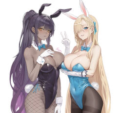 Rule 34 | 2girls, animal ears, arm under breasts, ass, asuna (blue archive), asuna (bunny) (blue archive), bare shoulders, black leotard, black pantyhose, blonde hair, blue archive, blue bow, blue bowtie, blue eyes, blue leotard, blush, bow, bowtie, breasts, cleavage, curvy, dark-skinned female, dark skin, detached collar, fake animal ears, fishnet pantyhose, fishnets, gloves, grin, hair over one eye, hand on own chest, high ponytail, highleg, highleg leotard, highres, karin (blue archive), karin (bunny) (blue archive), large breasts, leotard, long hair, looking at viewer, mole, mole on breast, multiple girls, official alternate costume, pantyhose, playboy bunny, ponytail, purple hair, rabbit ears, rabbit tail, shiny clothes, shiny skin, simple background, smile, somnuss, strapless, tail, traditional bowtie, v, very long hair, white background, white gloves, wide hips, wrist cuffs, yellow eyes