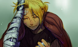 Rule 34 | 1boy, automail, bandages, black shirt, blonde hair, clenched hand, coat, edward elric, expressionless, fullmetal alchemist, grey background, hase (nafela), looking down, male focus, shirt, simple background, solo, yellow eyes