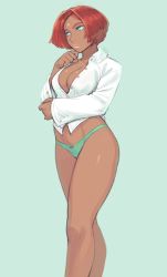 Rule 34 | 1girl, arm under breasts, blue eyes, bow, bow panties, breasts, commentary, dark skin, dark-skinned female, feet out of frame, giovanna (guilty gear), green background, green panties, guilty gear, guilty gear strive, highres, ittla, large breasts, long sleeves, looking away, no bra, no pants, panties, partially unbuttoned, red hair, shirt, short hair, simple background, solo, underwear, white shirt