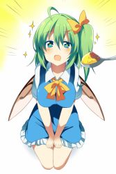 Rule 34 | 1girl, aqua eyes, blue dress, blue skirt, blush, bow, breasts, daiyousei, dress, drooling, fairy wings, food, fujishiro emyu, green hair, hair bow, heart, heart-shaped pupils, large breasts, open mouth, pudding, short sleeves, side ponytail, sitting, skirt, solo, sparkle, spoon, symbol-shaped pupils, touhou, v arms, wings