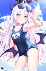 Rule 34 | 1girl, absurdres, ahoge, armpits, bare legs, bare shoulders, blue archive, blue sky, blush, breasts, closed mouth, cloud, cloudy sky, demon girl, demon horns, demon wings, eyewear on head, hair between eyes, hair ornament, hairclip, halo, hand up, heimu (heim kstr), highres, hina (blue archive), hina (swimsuit) (blue archive), holding, horns, long hair, looking to the side, one-piece swimsuit, school swimsuit, side ponytail, sky, sleeveless, small breasts, solo, sunglasses, sunlight, sweat, swimsuit, white hair, wings