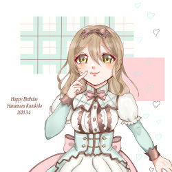 Rule 34 | 1girl, aqua dress, artist name, artist request, back bow, blush, bow, brown bow, brown hair, collared dress, dress, female focus, frilled dress, frilled skirt, frills, hair bow, high heels, highres, kunikida hanamaru, light brown hair, long hair, looking at viewer, love live!, love live! school idol festival, love live! sunshine!!, mikage pana, multicolored clothes, multicolored skirt, parted lips, pink bow, pink skirt, puffy short sleeves, puffy sleeves, short sleeves, skirt, solo, white high heels, white legwear, white skirt, yellow eyes