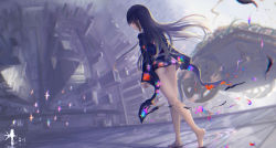 Rule 34 | 1girl, ass, barefoot, bird, black kimono, blunt bangs, blurry, blurry background, building, closed mouth, day, dutch angle, enma ai, expressionless, floating hair, from side, full body, highres, hime cut, japanese clothes, jigoku shoujo, kimono, long hair, long sleeves, looking at viewer, looking to the side, no panties, no pants, obi, outdoors, petals, profile, ripples, sash, short kimono, sideways glance, solo, straight hair, walking, walking on liquid, wangchuan de quanyan, water, wide sleeves, wind