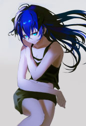 Rule 34 | 1girl, absurdres, arknights, bad arm, bad id, bad pixiv id, bare arms, bare shoulders, black tank top, blue eyes, blue hair, commentary request, grey background, hair between eyes, highres, horns, long hair, looking at viewer, mackia, mostima (arknights), navel, simple background, smile, solo, tank top