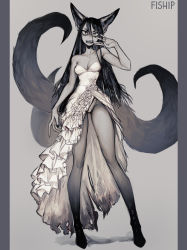 Rule 34 | 1girl, absurdres, animal ears, breasts, cleavage, colored skin, contrapposto, dress, extra tails, fangs, fingernails, fox ears, fox girl, fox tail, grey skin, greyscale, hand up, highres, jewelry, looking at viewer, matilda fiship, medium breasts, monochrome, multiple rings, open mouth, original, ring, sharp fingernails, slit pupils, solo, standing, tail, wedding dress