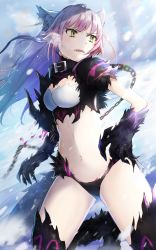 Rule 34 | agrius metamorphosis, ahoge, animal ears, atalanta (fate), atalanta alter (fate), black thighhighs, blush, breasts, cat ears, cat tail, chain, claws, cleavage, collar, commentary request, crop top, fangs, fate/grand order, fate (series), floating hair, fur, green eyes, highres, kneeling, long hair, looking at viewer, medium breasts, multicolored hair, navel, omelet tomato, open mouth, serious, silver hair, snowing, solo, tail, thighhighs, thighs