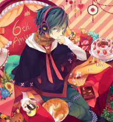 Rule 34 | 1boy, akiyoshi (tama-pete), blue eyes, blue hair, brown scarf, cake, candy, cat, chocolate, cup, food, from above, headphones, jewelry, kaito (vocaloid), looking at viewer, male focus, matching hair/eyes, mug, plaid, plaid scarf, ring, scarf, smile, solo, throne, vocaloid