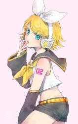 Rule 34 | 1girl, aqua eyes, blonde hair, blouse, blush, bow, colored eyelashes, commentary, detached sleeves, hair bow, hair ornament, hairclip, hand to own mouth, headphones, headset, kagamine rin, leg warmers, looking at viewer, looking to the side, number tattoo, pink background, rinrinpanda, sailor collar, shirt, shorts, shoulder tattoo, sleeveless, sleeveless shirt, solo, tattoo, vocaloid