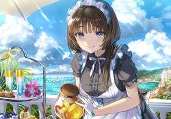 Rule 34 | 1girl, apron, black shirt, blue eyes, blue sky, blunt bangs, boat, brown hair, cloud, cup, day, drinking glass, food, gloves, holding, leaning forward, light rays, long hair, looking at viewer, maid, maid apron, maid headdress, original, outdoors, pouring, puffy sleeves, purple eyes, ribbon, sailboat, shirt, short sleeves, sky, smile, solo, summer, tan (tangent), upper body, watercraft, white gloves, white ribbon