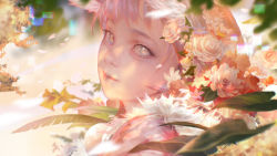 Rule 34 | 1girl, blurry, blurry background, blurry foreground, bright pupils, close-up, closed mouth, commentary, copyright request, dappled sunlight, depth of field, flower, from side, grey eyes, hair flower, hair ornament, highres, keun ju kim, leaf, lips, long hair, looking at viewer, looking to the side, solo, sunlight
