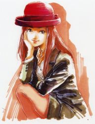 Rule 34 | 1980s (style), 1girl, blue eyes, brown hair, buttons, christina mackenzie, gundam, gundam 0080, hand on own cheek, hand on own face, hat, highres, jacket, long sleeves, looking at viewer, mikimoto haruhiko, official art, oldschool, open clothes, open jacket, orange pantyhose, pantyhose, retro artstyle, shirt, simple background, sitting, smile, solo, white shirt