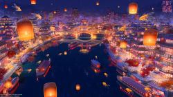 Rule 34 | animal, architecture, arsenixc, boat, bridge, building, canal, city, city lights, cityscape, commentary request, copyright name, east asian architecture, fantasy, fish, from above, gazebo, goldfish, highres, lamppost, lantern, lantern festival, night, night sky, no humans, official art, outdoors, pagoda, paper lantern, reflection, road, scenery, shinning nikki, ship, sky, skyline, skyscraper, star (sky), street, torii, tree, water, watercraft, watermark