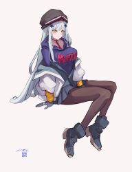 1girl black_pantyhose blue_hair blush boots breasts closed_mouth clothes_pull commentary english_commentary full_body girls&#039;_frontline girls&#039;_frontline_2:_exilium gloves green_eyes grey_gloves grey_skirt hair_ornament hairclip highres hk416_(girls&#039;_frontline) hood hoodie jacket jacket_pull klukai_(girls&#039;_frontline_2) long_hair long_sleeves looking_at_viewer medium_breasts necktie open_clothes open_jacket pantyhose print_hoodie purple_hoodie red_necktie sidelocks sitting skirt smile solo tattoo teardrop_facial_mark teardrop_tattoo white_background white_jacket yotsuyama_(yomo8ama)