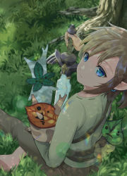 Rule 34 | 1boy, barefoot, blonde hair, blue eyes, earrings, foot out of frame, grass, grey pants, holding, holding sword, holding weapon, jewelry, korok, link, looking at viewer, low ponytail, male focus, medium hair, nature, nintendo, outdoors, pants, pointy ears, shirt, short ponytail, shoulder strap, sword, the legend of zelda, the legend of zelda: breath of the wild, todo no tsumari, tree, weapon, white shirt