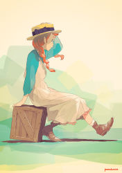 Rule 34 | 1girl, artist name, braid, crate, dress, freckles, green eyes, hair over shoulder, hand on own head, hat, long hair, original, pomodorosa, profile, red hair, shadow, signature, sitting, sketch, solo, straw hat, twin braids, wind
