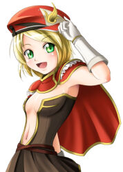 Rule 34 | 1girl, :d, beret, blonde hair, bracelet, breasts, brown dress, capelet, cleavage, creator (ragnarok online), dress, gloves, green eyes, hand up, hat, hat ornament, jewelry, kanzuki yuu, looking at viewer, navel, open mouth, ragnarok online, red capelet, red hat, short dress, short hair, simple background, small breasts, smile, solo, strapless, strapless dress, swept bangs, white background, white gloves