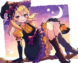 Rule 34 | 1girl, alternate costume, blonde hair, boots, broom, broom riding, closed mouth, crescent moon, dress, drill hair, earrings, elbow gloves, fire emblem, fire emblem awakening, gloves, gogatsu (yeaholiday), halloween costume, hat, highres, jewelry, lantern, long hair, looking at viewer, maribelle (fire emblem), moon, nintendo, puffy short sleeves, puffy sleeves, purple gloves, short sleeves, smile, solo, star (sky), star (symbol), witch hat