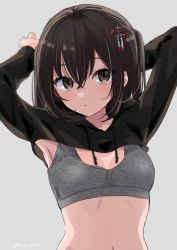 Rule 34 | 1girl, arms up, breasts, brown eyes, brown hair, cleavage, drawstring, grey background, hair ornament, ica, kantai collection, long sleeves, looking at viewer, navel, parted lips, sendai (kancolle), short hair, shrug (clothing), simple background, small breasts, solo, sports bra, upper body