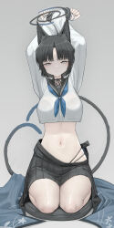 Rule 34 | 1girl, animal ears, arms up, black hair, black halo, black sailor collar, black skirt, blue archive, blue neckerchief, cat ears, cat girl, closed mouth, commentary request, genek, grey background, grey eyes, halo, highres, kikyou (blue archive), long sleeves, looking at viewer, midriff, navel, neckerchief, pillow, sailor collar, school uniform, serafuku, short hair, sitting, skirt, solo, wariza