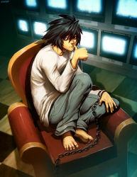 Rule 34 | 1boy, armchair, bags under eyes, barefoot, biting, biting own thumb, chain, chained, chair, checkered floor, couch, cuffs, death note, denim, face, feet, feet on chair, floor, genzoman, handcuffs, jeans, l (death note), male focus, pants, red upholstery, shirt, shueisha, solo, sweater, television, biting own thumb, white shirt