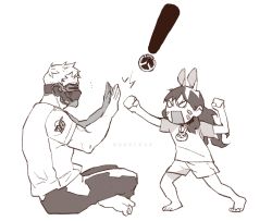 Rule 34 | !, &gt;:3, 1boy, 1girl, :3, animal ears, artist name, chibi, child, covering own mouth, d.va (gremlin), d.va (overwatch), facial mark, fatherly, full body, long hair, monochrome, nuqelear, overwatch, overwatch 1, punching, rabbit, rabbit ears, simple background, sitting, soldier: 76 (overwatch), v-shaped eyebrows, whisker markings, white background, yotsubato!