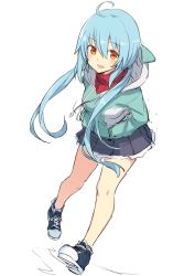Rule 34 | 1girl, absurdres, ahoge, black skirt, blue hair, blush, breasts, brown eyes, commentary request, full body, hair between eyes, hands in pockets, highres, hiraga matsuri, hood, hoodie, long hair, looking at viewer, low twintails, medium breasts, open mouth, original, pleated skirt, red sweater, ribbed sweater, shoes, simple background, skirt, smile, sneakers, solo, sweater, thighs, turtleneck, turtleneck sweater, twintails, white background