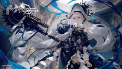 Rule 34 | 1girl, arknights, banpai akira, black dress, black hat, blue nails, circular saw, commentary, company name, copyright name, copyright notice, dress, floating hair, grey hair, hat, highres, holding, holding weapon, long hair, looking at viewer, nail polish, official art, red eyes, saw, smile, solo, specter (arknights), specter the unchained (arknights), very long hair, weapon