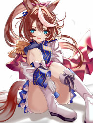 Rule 34 | 1girl, aiguillette, animal ears, ascot, asymmetrical gloves, blue eyes, blue gloves, blue jacket, blush, boots, brown hair, capelet, commentary request, convenient leg, ear tag, epaulettes, eyelashes, full body, gloves, hair between eyes, hair ribbon, hand on own knee, hand on own leg, hand up, highres, horse ears, horse girl, jacket, knee boots, long hair, long sleeves, looking at viewer, mismatched gloves, multicolored eyes, multicolored hair, open mouth, parted lips, pink ascot, pink ribbon, pleated skirt, ponytail, purple eyes, red capelet, ribbon, shino (eefy), sidelocks, simple background, sitting, skirt, solo, streaked hair, tokai teio (umamusume), two-tone hair, umamusume, very long hair, white background, white footwear, white gloves, white hair, white jacket, white skirt