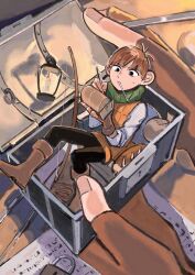 Rule 34 | 1boy, absurdres, black eyes, black pants, boots, bow (weapon), brown footwear, brown hair, chilchuck tims, dungeon meshi, gloves, halfling, highres, holding, indoors, jacket, lamp, long sleeves, looking at object, male focus, mouth hold, pants, paper, ribelle0804, short hair, sitting, treasure chest, weapon