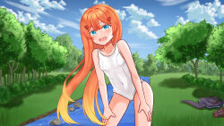 1girl alienmangap belly blonde_hair blue_eyes blush blush_stickers breasts bush cloud cloudy_sky commission flat_chest grass hair_ornament hands_on_own_thighs highres hood hoodie horns knee_up knees_up looking_at_viewer miki_hitsugi multicolored_hair navel nose one-piece_swimsuit open_mouth orange_hair outdoors pants river rock shoes shorts sky small_breasts smile solo specialite_(company) specialite_en swimsuit tail thighs tree unworn_pants unworn_shoes unworn_shorts virtual_youtuber water white_one-piece_swimsuit