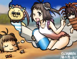 Rule 34 | 10s, 2girls, :3, ;d, animal costume, animalization, antenna hair, asagumo (kancolle), bow, brown hair, buried, closed eyes, collarbone, crab, dated, double bun, frilled swimsuit, frills, goggles, hair bow, hair bun, hamu koutarou, imagining, ise (kancolle), kantai collection, lifebuoy, lion, multiple girls, naka (kancolle), one-piece swimsuit, one eye closed, open mouth, smile, sunglasses, swim ring, swimsuit, tears, thought bubble, translation request, v