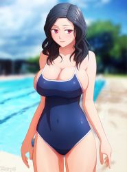 Rule 34 | 1girl, arms at sides, black hair, blush, breasts, cleavage, competition school swimsuit, covered navel, cowboy shot, day, embarrassed, large breasts, looking to the side, one-piece swimsuit, original, outdoors, photo background, pool, red eyes, school swimsuit, shy, sideboob, skin tight, solo, swimsuit, wavy hair, zoryc