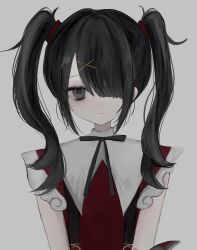 Rule 34 | 1girl, absurdres, ame-chan (needy girl overdose), black hair, black ribbon, blood, bloody weapon, closed mouth, collar, collared shirt, grey background, grey eyes, hair ornament, hair over one eye, hair tie, highres, kanau (u u zzx), knife, long hair, looking at viewer, neck ribbon, needy girl overdose, red shirt, ribbon, shirt, simple background, solo, suspenders, twintails, upper body, weapon, white collar, x hair ornament