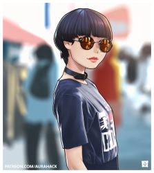 Rule 34 | 1girl, artist name, aurahack, black hair, black shirt, blurry, blurry background, breasts, closed mouth, collar, from side, glasses, highres, lips, looking at viewer, medium breasts, original, patreon username, round eyewear, shirt, short hair, short sleeves, smile, solo focus, standing, sunglasses, t-shirt, upper body, watermark, web address