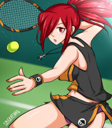 Rule 34 | 1girl, absurdres, alternate costume, alternate hairstyle, ball, cross, cross necklace, hair over one eye, hamu agaki, highres, jewelry, lipstick, makeup, navel, necklace, open mouth, panties, parasoul (skullgirls), ponytail, racket, red lips, skirt, skullgirls, solo, sportswear, sweat, tank top, tennis, tennis ball, tennis court, tennis racket, tennis uniform, underwear, wristband, yellow eyes, yellow nails