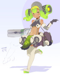 Rule 34 | 1girl, arm cannon, black gloves, blush, crop top, dark-skinned female, dark skin, detached sleeves, drill hair, facial mark, flat chest, full body, gloves, green hair, grey thighhighs, loincloth, mecha musume, naik, navel, orisa (overwatch), overwatch, overwatch 1, pelvic curtain, personification, platform footwear, solo, suspenders, symbol-shaped pupils, thighhighs, twin drills, weapon, whisker markings, yellow eyes