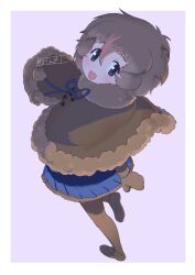 Rule 34 | 1girl, absurdres, brown hair, capelet, from above, fur-trimmed capelet, fur trim, grey eyes, highres, kemono friends, looking back, masuyama ryou, mittens, multicolored hair, north island brown kiwi (kemono friends), open mouth, pantyhose, pom pom (clothes), red hair, skirt, smile, solo, standing, standing on one leg, streaked hair