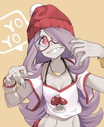 Rule 34 | 1girl, alternate costume, beanie, blouse, bracelet, breasts, breasts apart, bright pupils, collarbone, colored skin, commentary request, english text, fingernails, glasses, hair over one eye, hat, head tilt, highres, jewelry, light smile, little witch academia, long fingernails, long hair, midriff, mushroom, navel, necklace, orange background, pants, pink hair, pom pom (clothes), popopo, print shirt, raised eyebrow, red-framed eyewear, red eyes, red hat, red pants, sharp teeth, shirt, simple background, skinny, small breasts, solo, speech bubble, stomach, sucy manbavaran, tank top, teeth, upper body, very long hair, wavy hair, white shirt, yellow background