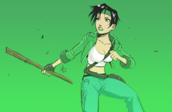Rule 34 | 1girl, belt, between breasts, beyond good and evil, black hair, breasts, cleavage, cropped jacket, fingerless gloves, gloves, green eyes, green lips, green theme, headband, jacket, jade, large breasts, lipstick, makeup, midriff, navel, open clothes, open jacket, pants, polarityplus, short hair, sleeves rolled up, solo, staff, strap between breasts, tank top, weapon