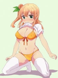 Rule 34 | 1girl, bikini, blush, breasts, cleavage, clothes in mouth, clothes lift, covered erect nipples, full body, green background, green eyes, hair bun, hair ribbon, highres, hinatsuki mikan, large breasts, lifting own clothes, long hair, looking at viewer, machikado mazoku, mouth hold, mukaibi aoi, navel, orange bikini, orange hair, ribbon, shiny skin, shirt, shirt in mouth, shirt lift, simple background, single hair bun, solo, swimsuit, thighhighs, white thighhighs