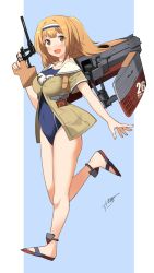 Rule 34 | 10s, 1girl, :d, breasts, brown eyes, gun, hairband, handgun, i-26 (kancolle), kantai collection, large breasts, light brown hair, long hair, machinery, new school swimsuit, one-piece swimsuit, open mouth, pistol, sahuyaiya, sailor collar, sandals, school swimsuit, short sleeves, smile, solo, swimsuit, two-tone hairband, two side up, weapon